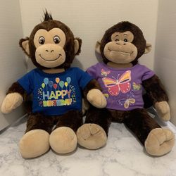 Build A Bear Smiling Monkey Plush Brown 18" Lot Of 2 W/BAB Shirts