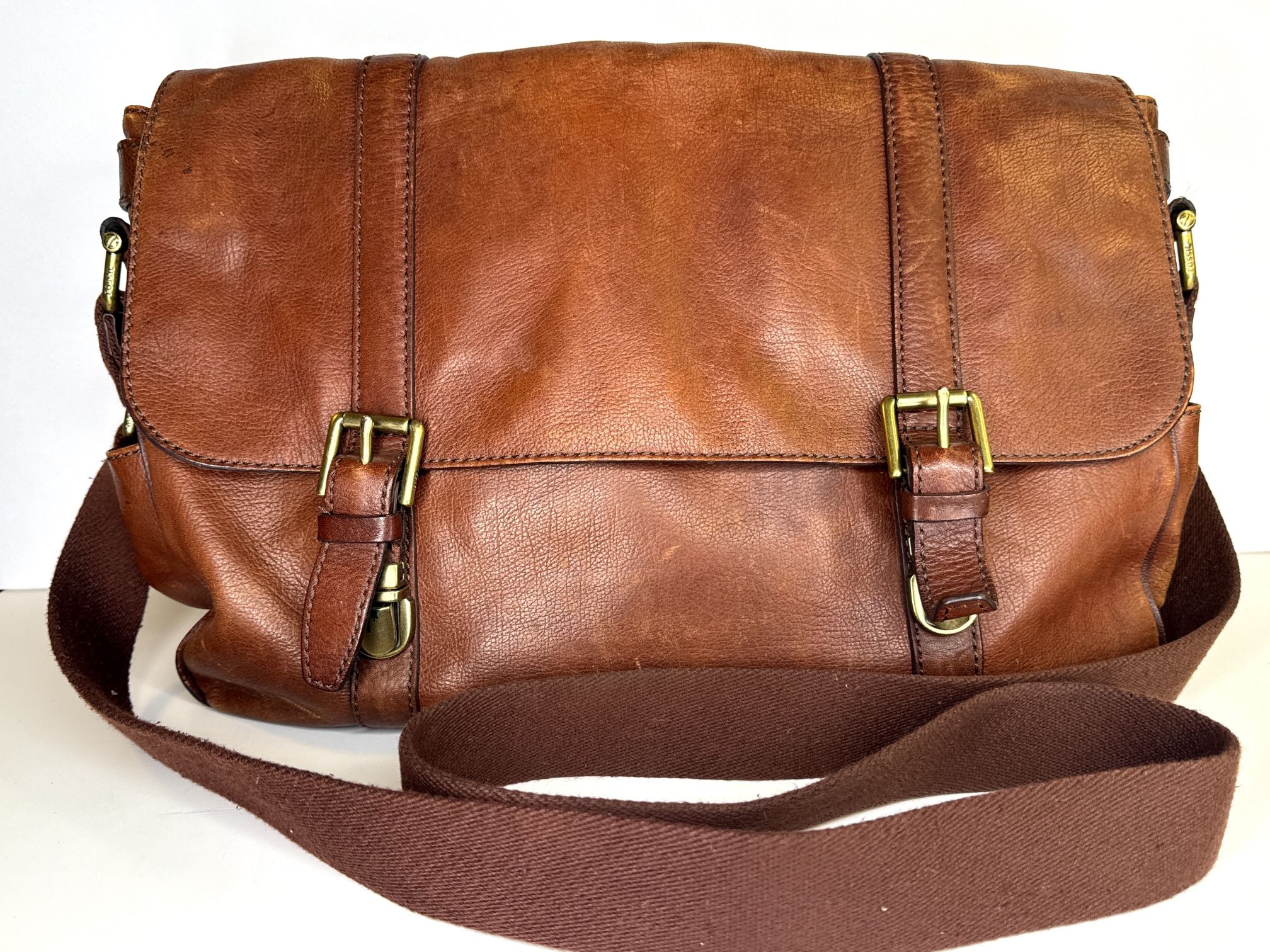 Fossil Leather Messenger Laptop Bag Brown Brass Hardware Unisex Vintage