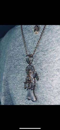 1/15 CT.  T.W.  Diamond Santa Muerte Necklace Charm In Sterling Silver with 14K Gold Plate