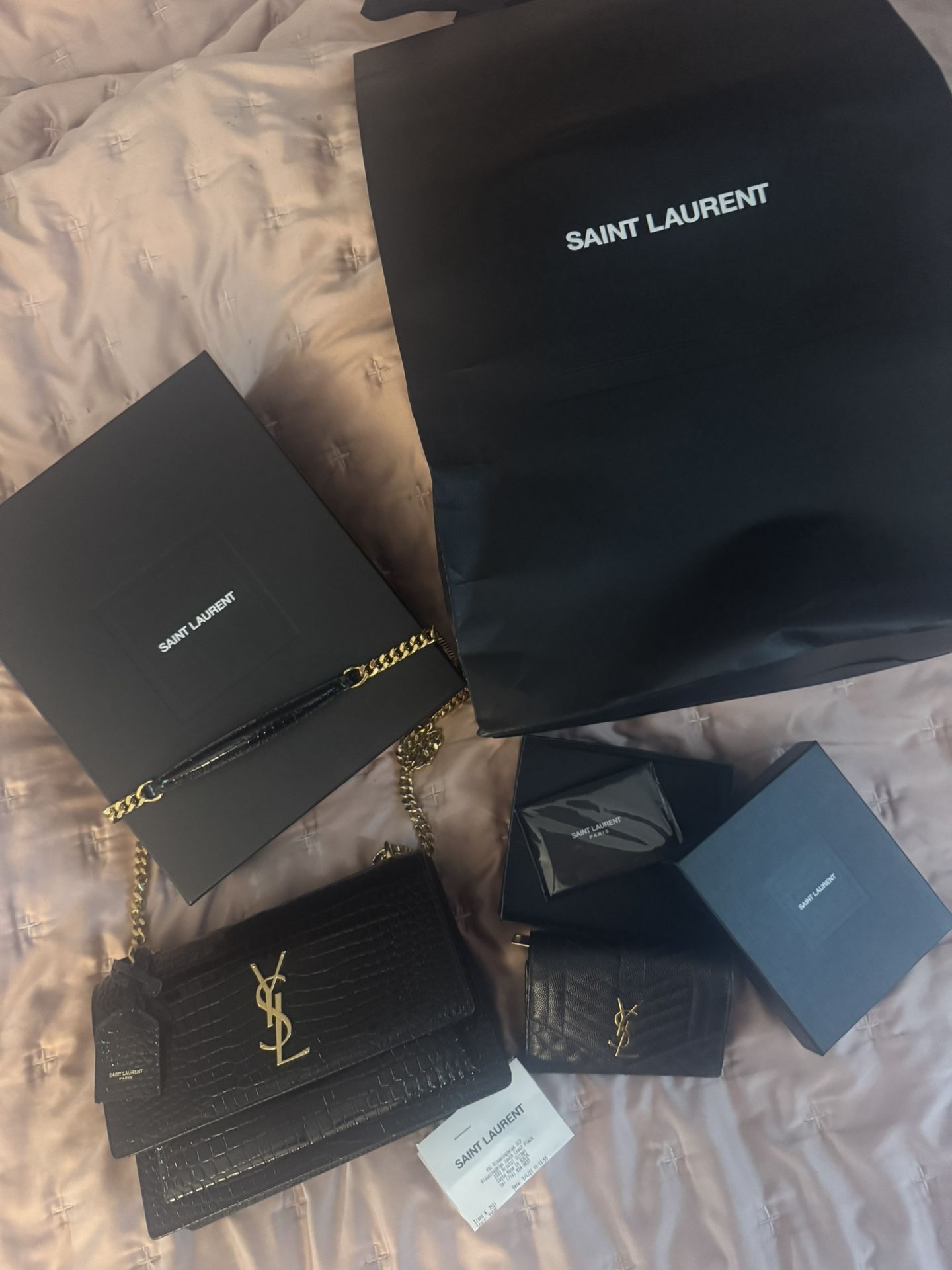 Saint Laurent Leather Crocodile Gold Chain With Matching Wallet