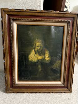 Vintage Framed Oil Painting Reproduction of Rembrandt's 'A Girl with a Broom' 25" x 30"