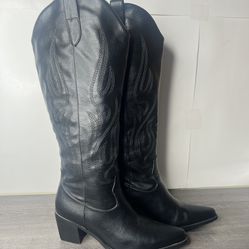Pasuot Western Cowboy Boots for Women - Black Knee High Wide Calf Cowgirl Size 8.5 
