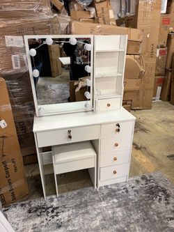 White Vanity Desk with Lights and Mirror,6 Drawers 6 Shelves 1 Chair & 3 Modes Adjustable Slide Mirror📍$100
