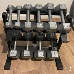In NEW Condition Set Of Cast Iron Hex Dumbbells 5s, 10s, 15s 20s  And  25s [ RACK NOT INCLUDED]