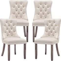 Dining Chairs, Beige Dining Chairs Set of 4 Mid Century Modern Dining Chairs,Velvet Upholstered,High Back,Wood Frame,Ideal for Kitchen,Bedroom,Living 
