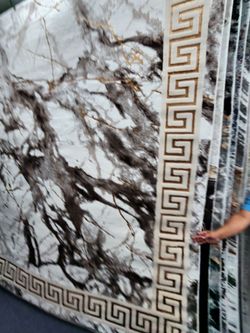 Large Area Rug White Brown Greek Key Border