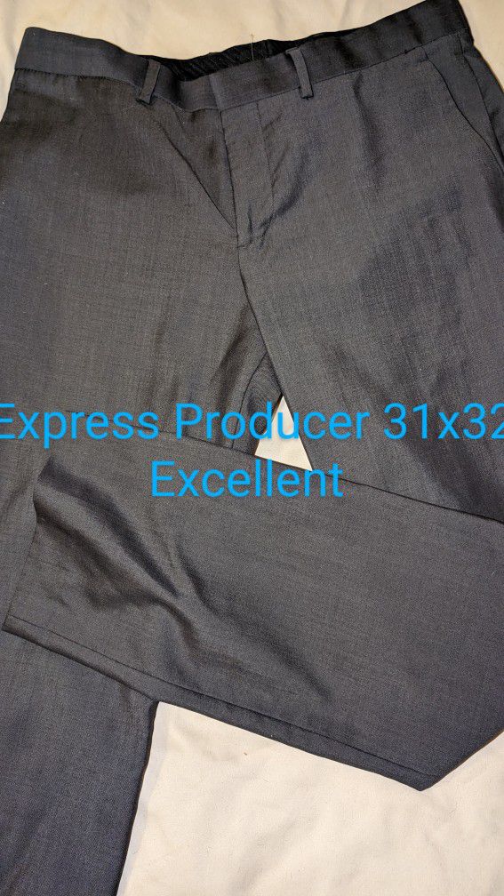 Mens Dark Gray 31/32, By Express Producer, 55% Polyester, 45% Wool Lining, 2 Side Pockets, 2 Buttoned Rear, Light Weight, Spring, Summer, Fall.