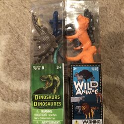 8 plastic dinosaurs and 8 wild animals.