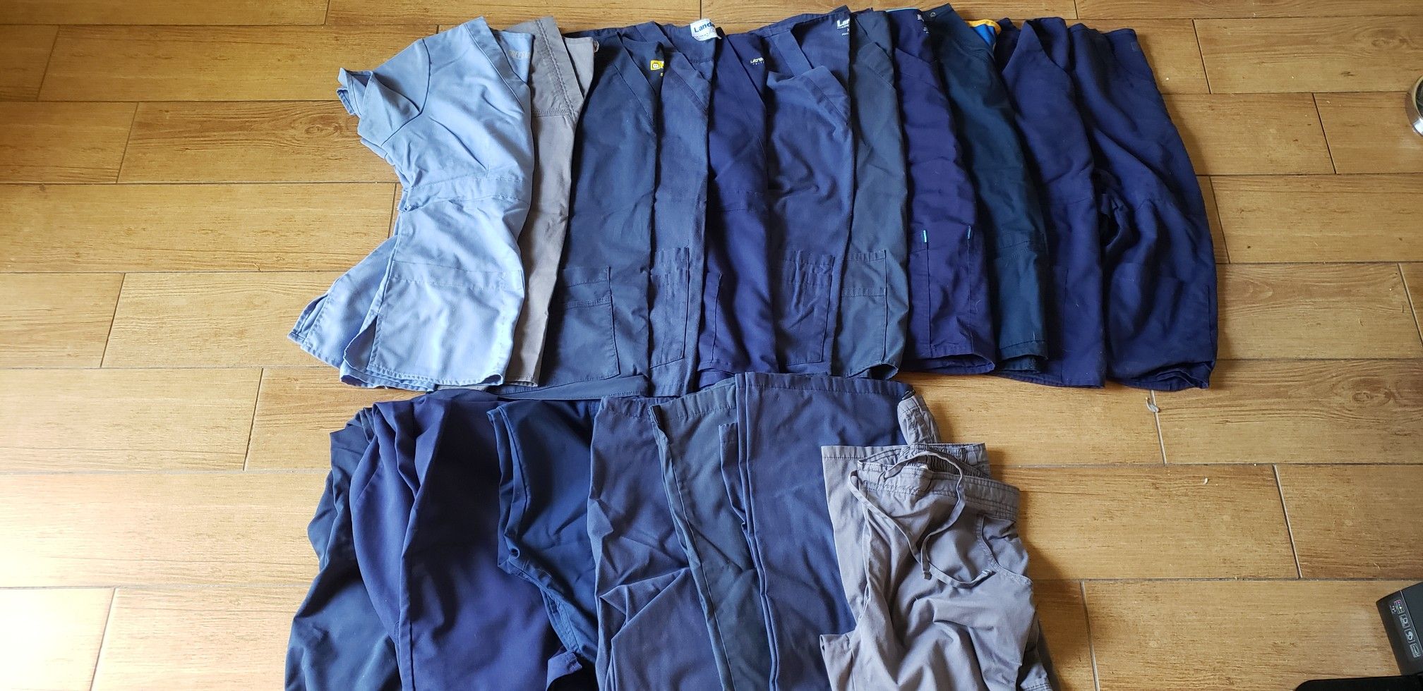 11 women's scrub tops and 7 bottoms. Size small and medium. Greys Anatomy, Dickies, Wink