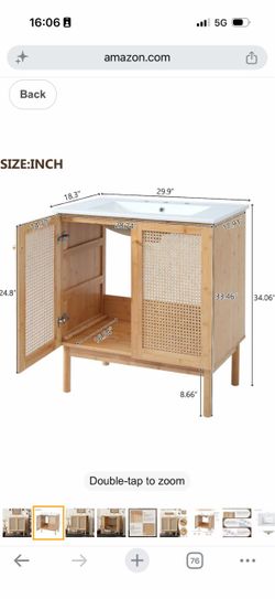 30" Bathroom Vanity with Ceramic Sink and Rattan Doors