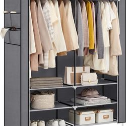 SONGMICS Portable Closet Wardrobe with Shoe Rack and Cover, Closet Storage Organizer, 2 Hanging Rods, Shelves, and 4 Side Pockets, 50 x 17.7 x 69.3 In