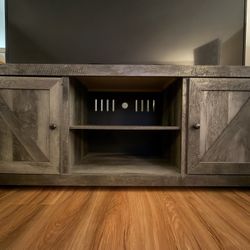 Modern Gray Wood TV Stand with 6 Shelves & 2 Cabinets