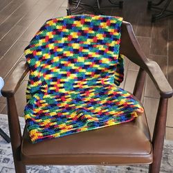 Vintage Handcrafted Rainbow Crochet Knit Afgan Blanket Couch Throw 40"×40"