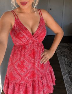 BeaVely Red Bandana Print Mini Dress Size S Flowy Boho Summer Surplice Elastic Waist