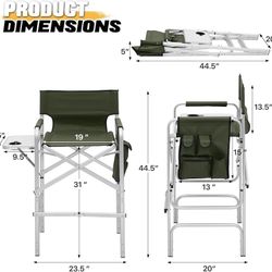44.5'' Tall Makeup Artist Director Chair, Foldable Portable Aluminum Frame Folding Chair with Side Table, Cup Holder and Storage Pockets, 250 lbs Capa