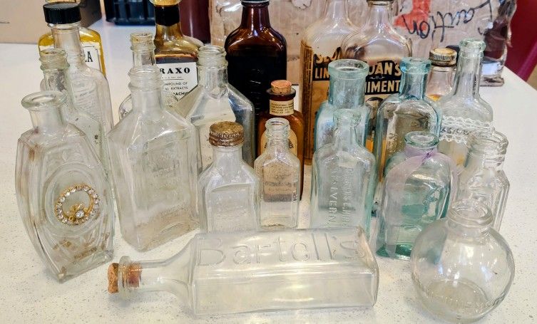 20+ Vintage & Antique Embossed Glass Bottle Collection