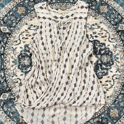Women’s Small White Brown Boho Tank Top Blouse Front Tassel Tie Flowy