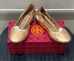 Tory Burch Metallic Rose Gold Eddie Flats