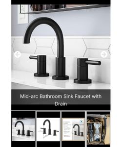 Allen+Roth.Matte Black Mid-Arc Bathroom Sink Faucet with Drain