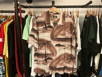 Stüssy Island Shirt Brown Scenic Print Camp Collar Button-Up Size XL