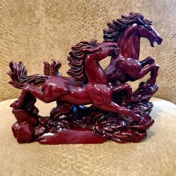 Vintage Chinese Galloping Horses Red Resin Figurine Statue *Please Read Entire Description 