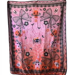 Pinkoween Halloween Plush Throw Blanket 50x60 Bats Bows Spider Web Pink New