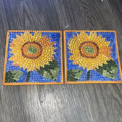 Italian Mosaic Blue Ceramic Sunflower Trivet And Vase