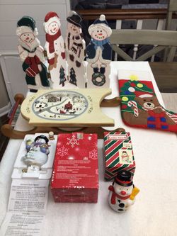 Vintage Christmas Decorations Original Folk Art Sleigh, Snowman Diffuser, Snowman Wood Screen, Woolworth’s