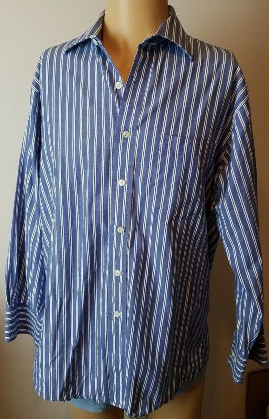 Michael Kors Mens Sz L 16.5 32/33 Long Sleeve Shirt Striped Blue, White 