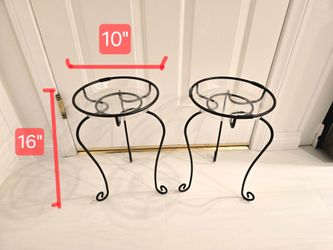 Pair of Black Metal Plant Stands with Clear Trays