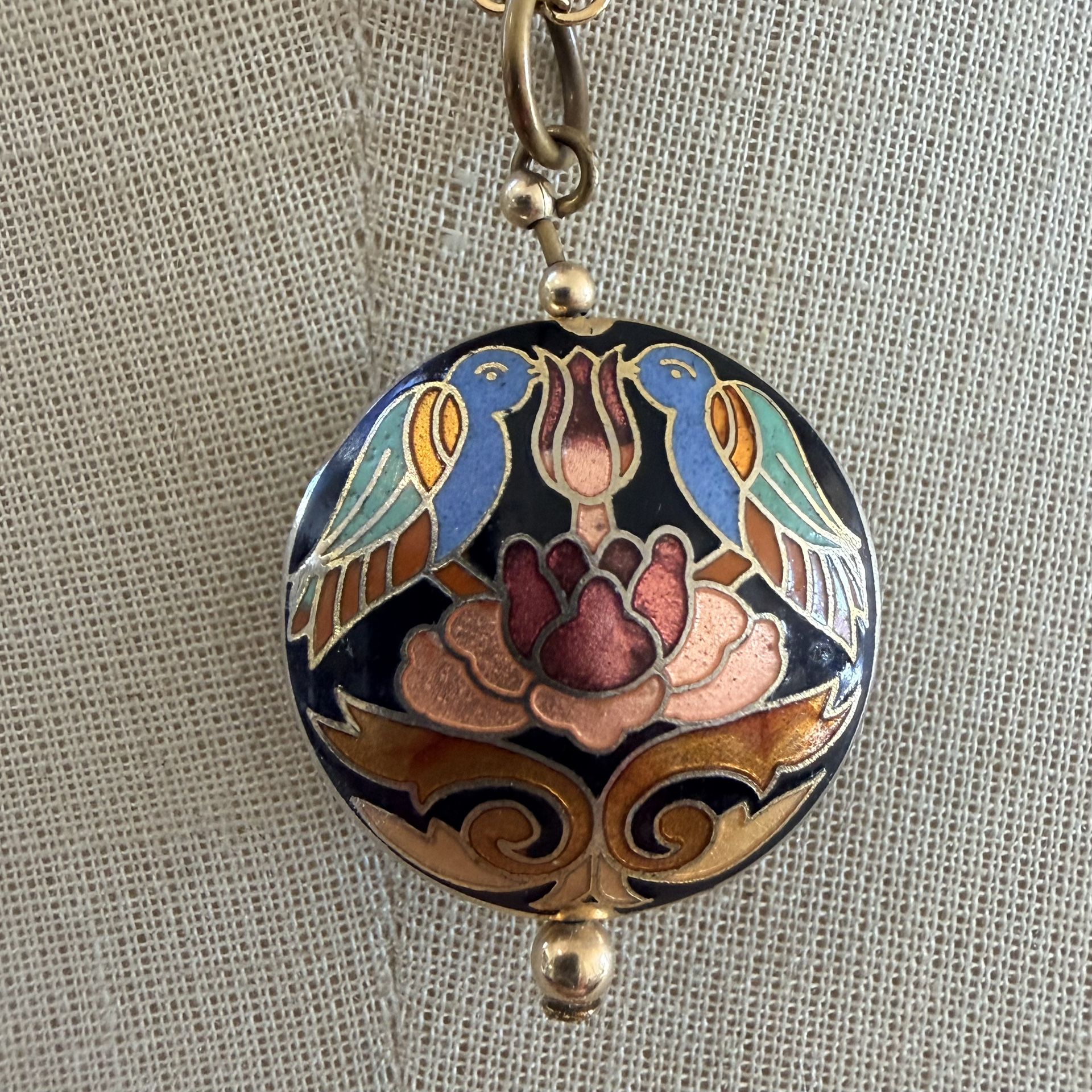 Vintage Cloisonné Enamel Birds & Lotus Pendant Necklace