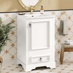 Newly Assembled 20 inch Bathroom Vanity with Ceramic Sink, Modern Bathroom Sink Storage Cabinet with Soft Close Door, Adjustable U-Shaped Shelf and Dr