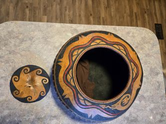 Large Native American Style Painted Gourd Vessel with Lid