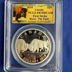 2014 1oz PCGS PR70DCAM CANADA BISON-THE FIGHT SILVER COIN 