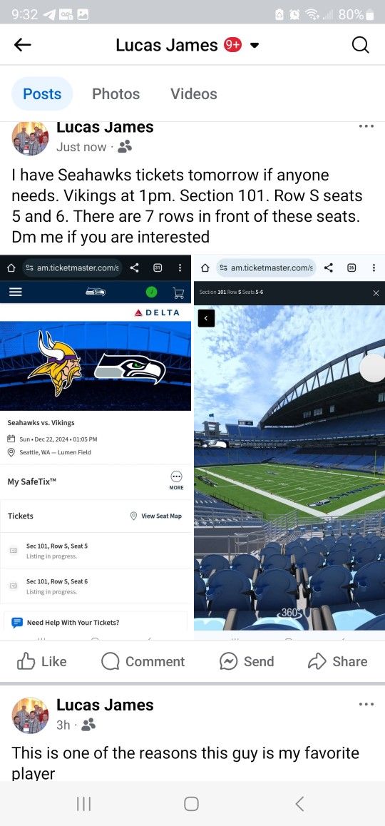 Seattle Seahawks VS Minnesota Vikings Only 7 Rows In Front 100 Level