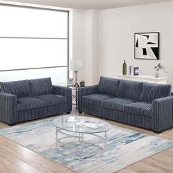 DARK GREY PLUSH CORDUROY SOFA AND LOVESEAT 