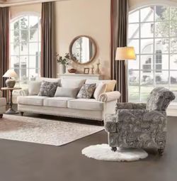 Piece Living Room Set, Modern Farmhouse Chenille Sofa  with Nailhead Trim, Floral Accent Chair