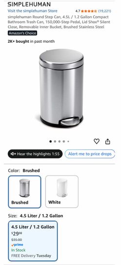 simplehuman Round Step Can, 4.5L / 1.2 Gallon Compact Bathroom Trash Can,