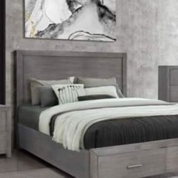 4 PIECE QUEEN BEDROOM SET GRAY FINISH BED DRESSER NIGHTSTAND MIRROR