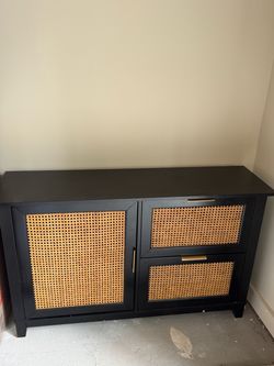 black rattan dresser, japandi style