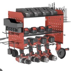 Power Tool Organizer Charging Station With Light Angle Grinder Holder, Heavy Duty 3 Layer Drill Holder,1 Screw Boxes,4 Hooks,Tool Battery Holder Built
