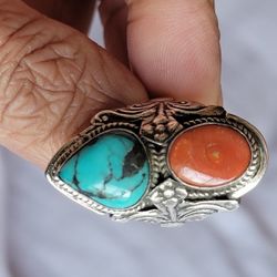 Turquoise and coral ring sterling silver size 8.5