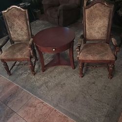 2 Broyhill High Quality Carved Frame Armchairs With Tapestry Covered Seats, Back And Arm Rests, Round Table