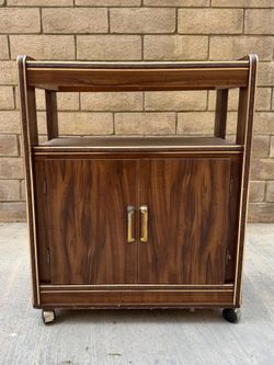 Vintage Wood Rolling Bar Cart Storage Cabinet