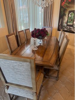 Gorgeous Mediterranean-style European revival wooden dining table w/ 8 Chairs traditional spool-turned legs - 96” x 46” - great condition-