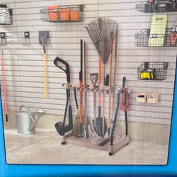 Suncast Tool Rack With Wheels For Garden Tools Brooms Shovels Garage Shed