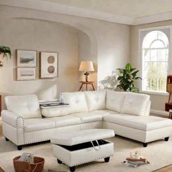 New White Leather Sectional Couch With Ottoman 