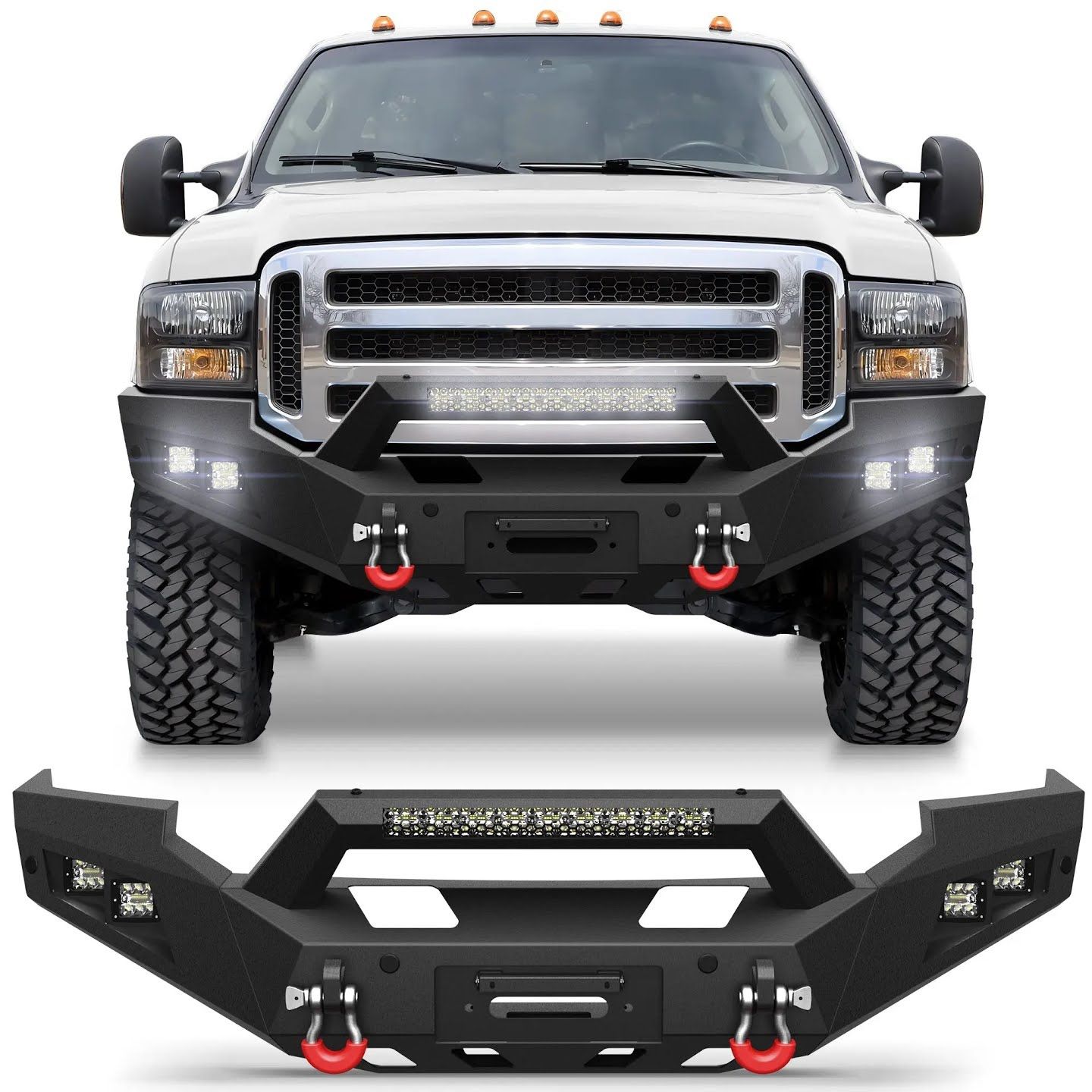 New Front Bumper for 2005-2007 Ford F250/F350/F450 Full Width Offroad Bumper w/Winch Plate, 144W Light Bar, 4x18w Lights, D-rings, License Plate Brack