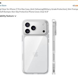 TORRAS Crystal Clear for iPhone 17 Pro Max Case, [Anti-Yellowing][Military-Grade Protection], Slim Transparent Anti-Scratch Back, Soft Bumper, Non-Sli