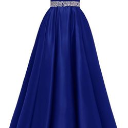 Elegant Royal Blue Satin Dress with Silver embellishments